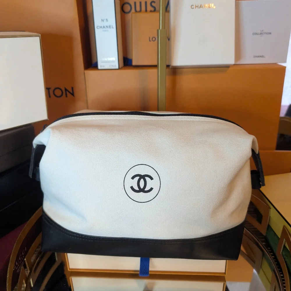 CHANEL Black and White Canvas & Leather. Pouch/Cosmetic Bag/Large Clutch